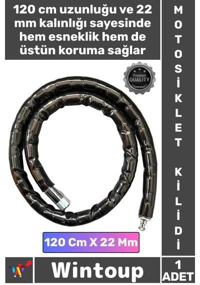 Kilit Çelik Zırhlı Güvenli Anahtarlı Körüklü Kalın Şık Siyah Boy 120 Cm Çap 22 Mm Motosiklet Kilidi