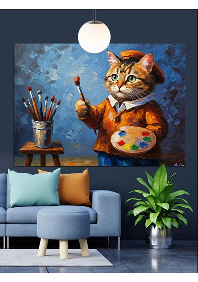 Ressam Kedi Fırça Tutuyor Dekoratif Kanvas - Mdf Ahşap Tablo