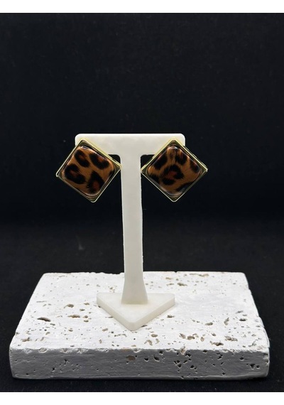 Gold Kare Kenarlı Leopar Desenli Küpe Kahverengi