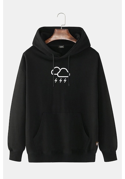 Unisex Siyah Deep Dark Önü Bulut Baskılı Kapşonlu Sweatshirt Deep Dark
