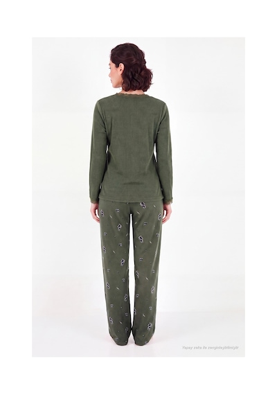 Lela Desenli Dantel Detaylı Bağlamalı Uzun Kollu Pijama Takımı Kadın Pijama Takımı 6575024 Haki