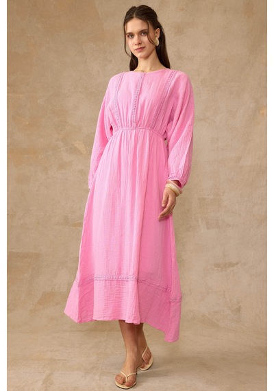 Olcay Şerit Detaylı Beli Lastikli Müslin Elbise Pembe 9453-e