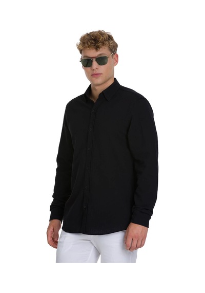 Hatemoğlu Siyah Comfort Fit Çizgili Düğmeli Yaka 100% Pamuk Uzun Kollu Casual Gömlek