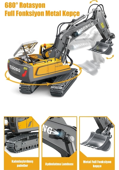 Işıklı Sesli Full Fonksiyon Metal Hareketli Kepçe 2.4ghz Uzaktan Kumandalı 680 Rotasyon Excavator