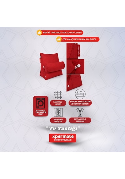 Xpermate Sırt, Bel, Boyun Destekli TV Okuma Yastığı Ameliyat Sonrası Kırmızı