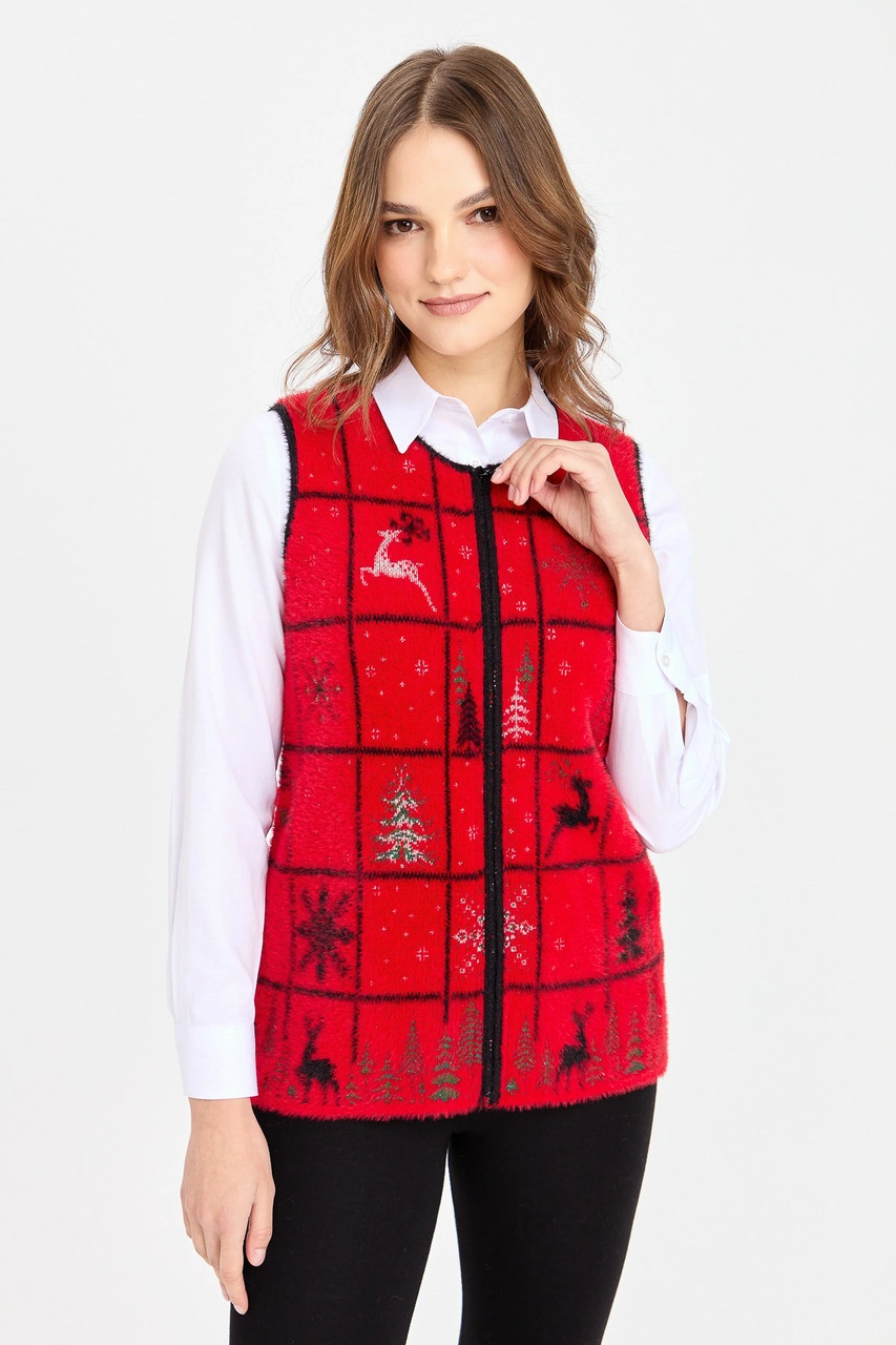 Desen Triko Kadın Sıfır Yaka Patchwork Yılbaşı Desenli Yelek Kırmızı Kırmızı
