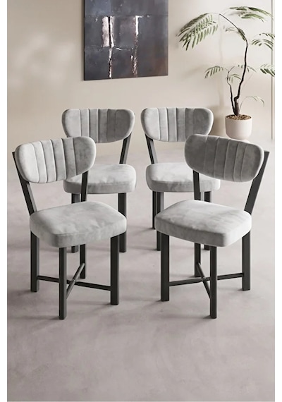 Sandalye 4 Adet Baby Face Kumaş Metal Ayak Modern Mutfak Sandalyesi Cafe Balkon Ofis Elma Gri