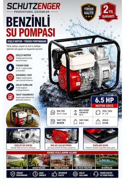 6.5 Hp 2 Inç Çıkışlı Benzinli Su Pompası 200 Mt Yatay Su Basar 4 Zamanlı Motor Turbo Güç Kırmızı