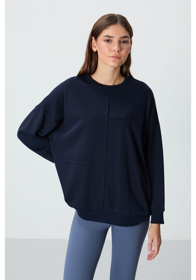 Tommy Life İndigo Kompakt Pamuklu Kalın Pürüzsüz Dokulu O Yaka Oversize Fit Kadın Sweatshirt - 97288 İndigo