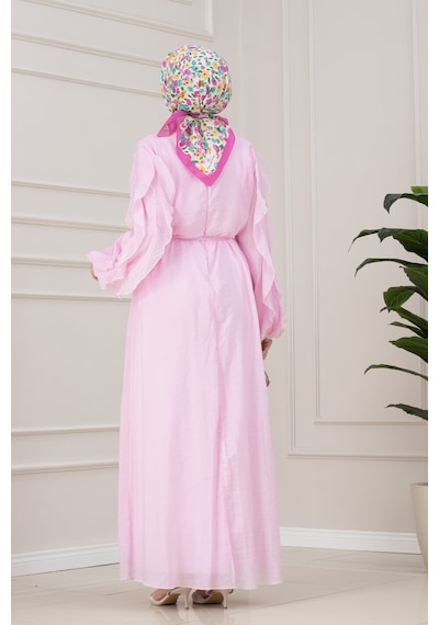Sevitli Kolları Fırfır Detaylı Simay Elbise-pembe-5793