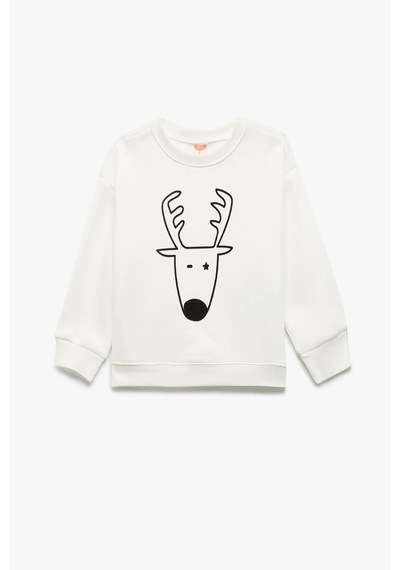 Koton Erkek Bebek Yılbaşı Baskılı Uzun Kollu Şardonlu Bisiklet Yaka Sweatshirt Ekru