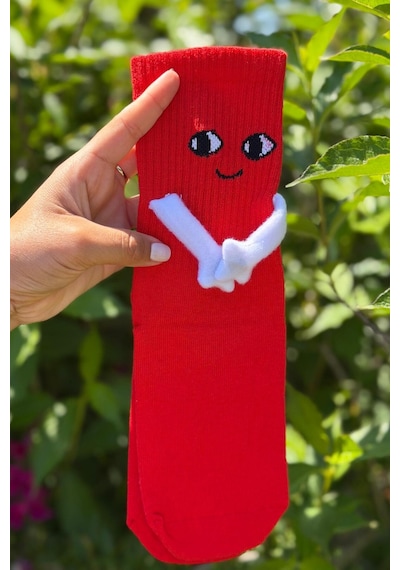 Lousocks Unisex Kırmızı Elele Tutuşan - Halay Çeken Çorap 1 Çift - Sevimli Yüz İfadeli Soket Çorap