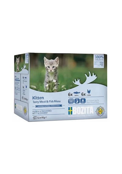 Bozita Yavru Kedi İçin Sos İçinde Balık Ve Tavuk Etli Kedi Konservesi Multibox 12x85 Gr