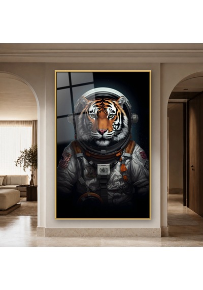 Astronot Kıyafetli Kaplan Portresi Gold Çerçeveli Cam Tablo