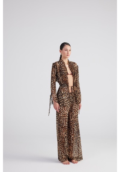 Holly Lolly Beli Lastikli Leopar Desenli Şifon Savage Pantolon Kahve