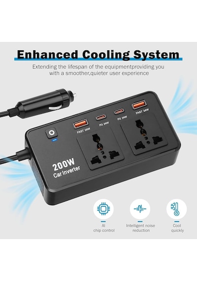 Araç Oto Çakmak Inverter Araç Içi Sarj Istasyonu Çoklu Sarj 2 Usb 2 Priz 2 Type-c Şarj Çıkışlı 200w Ac 220v S