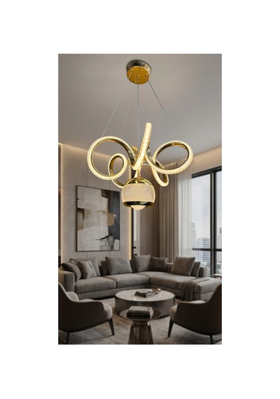 Kıvrım Tekli Simli Yakamoz Top Modern Sarkıt Led Avize Kumandalı Gold Gold