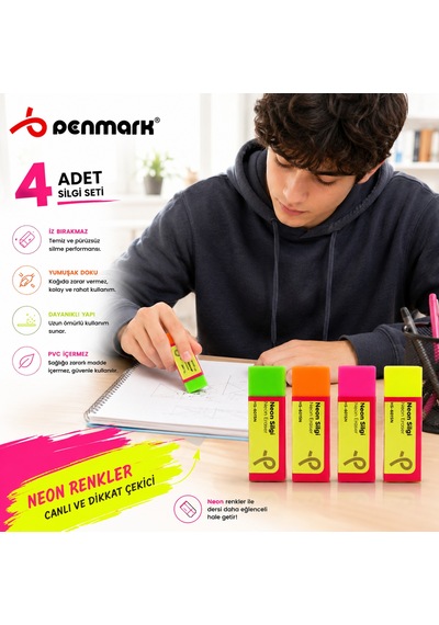 Penmark Neon Renk Silgi Seti 4 Adet Yumuşak Silgi Canlı Renkler