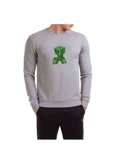 Minecraft Creepers Gonna Creep Baskılı Gri Erkek Örme Sweatshirt