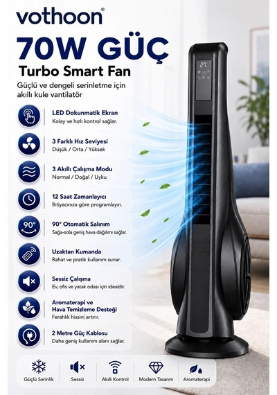 Turbo Smart Akıllı Fan Led Ekranlı Kumandalı 90 Hareketli Serinletici Soğutucu Kule Tipi Vantilatör