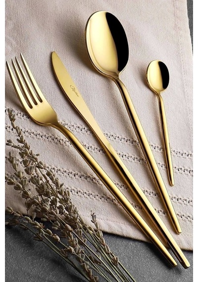 Avcı 1064 Amore Titanyum Parlak Gold Çatal Bıçak Kaşık Takımı 36 Parça Altın