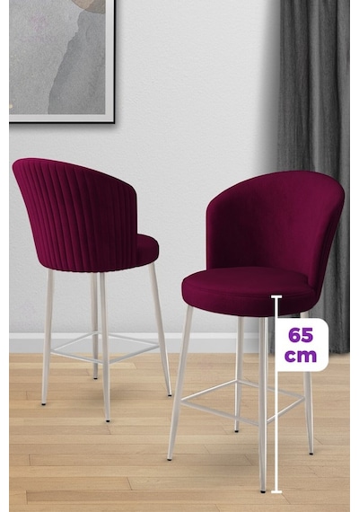 Canisa Alte Serisi 1 Adet Babyface Kumaş 65 Cm Krom Kaplama Ayaklı Mürdüm Bar Sandalyesi Mürdüm Sandalye Krom Kaplama Ayak
