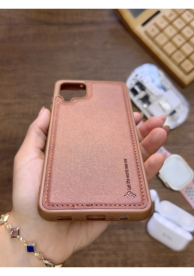Samsung Galaxy A12 Uyumlu Premium Deri Dokulu Darbelere Karşı Dayanıklı Nazal Silikon Kılıf Kahverengi