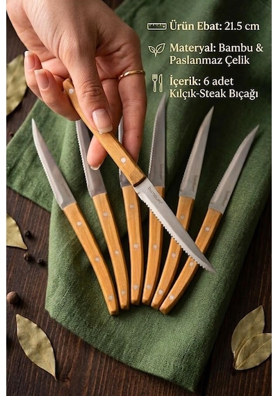 Bambum Valls 6'lı Kılçık Ve Steak Bıçağı Seti 21.5 Cm - Bambu Saplı Paslanmaz Çelik Balık Bıçağı
