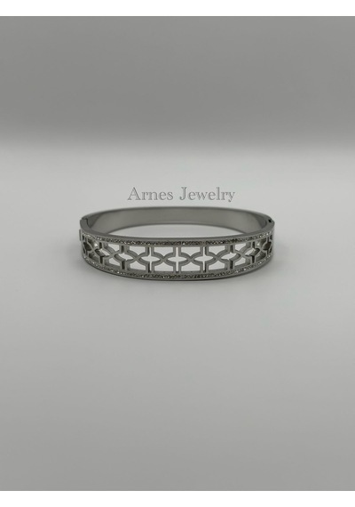 Arnes Jewelry Çelik Silver Zirkon Taşlı Kelepçe Bileklik Ar14 Silver