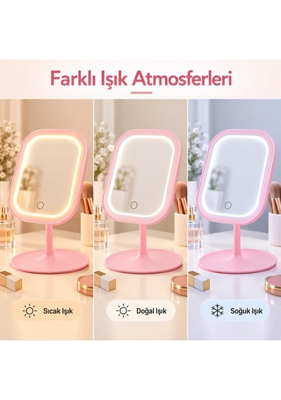 Led Işıklı Masaüstü Ayna, Dokunmatik Kontrol, Tepsili Taban, Kozmetik Model, Makyaj Aynası Pembe, Dikdörtgen Genel