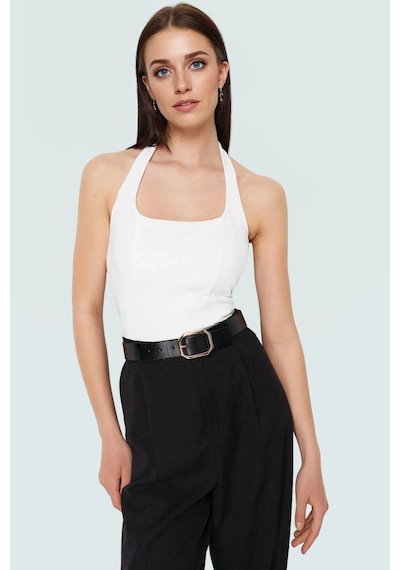 Ersefa Yazlık Crop Bluz Halter Yaka Scuba Krep Kumaş Fitted Kalıp Trend Beyaz