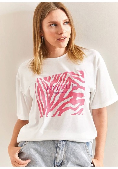 Baskılı Basic Bisiklet Yaka Örme T-shirt Önü Pembe