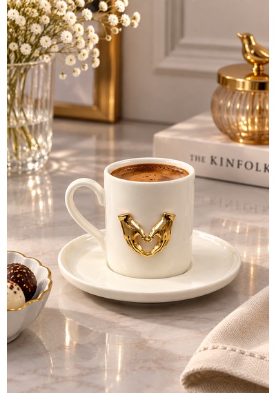 2 Kişilik Beyaz Porselen Gold Metal Kalp Figürlü Kahve Fincan Takımı Seti 100ml
