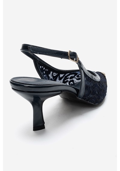 Luvi Shoes Clem Lacivert Dantel Detaylı Altın Burunlu Kadın Topuklu Ayakkabı