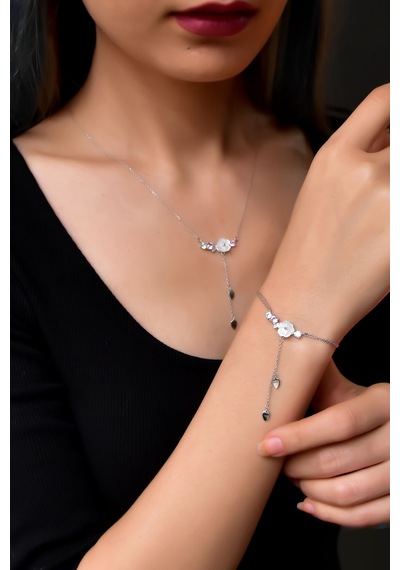 Papatya Silver 925 Ayar Gümüş Rodyum Kaplama Zincir Sallantılı Taşlı Sedef Manolya Çiçeği Kolye ve Bileklik Set