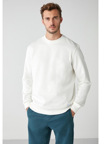 Grimelange Travis Erkek Yumuşacık Kumaşlı Regular Fit Yuvarlak Yakalı Beyaz Sweatshirt
