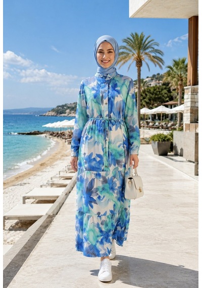 Hb Harma Time Butik Kadın Düğmeli Desenli Modal Kumaş Mavi Elbise