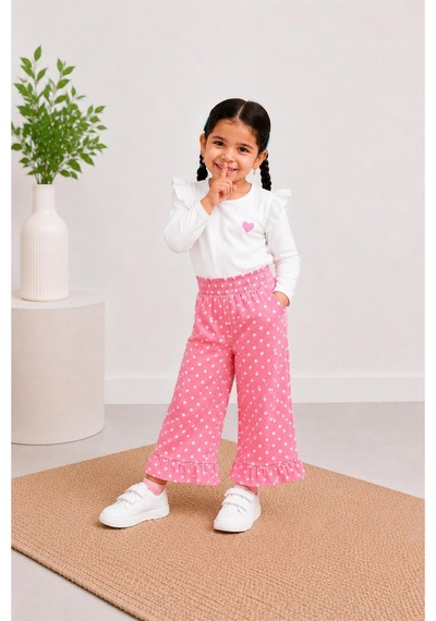 Toikids Pembe Puantiyeli Denım Bol Paça Pantolon Pembe