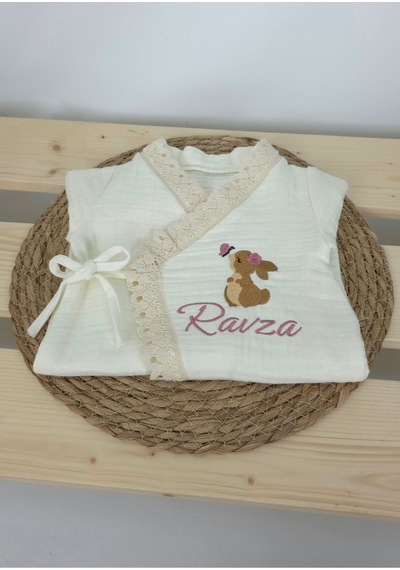 Gros Shop Müslin Yeni Doğan 4katlı Organik %100pamuk Kişiye Özgü Nakışlı Hastane Çıkış Seti Tavşan Model-5 Ekru