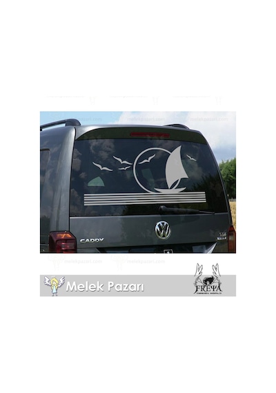90X46 cm-Martılar ve Yelkenli Karavan Sticker. Karavan Çıkartma