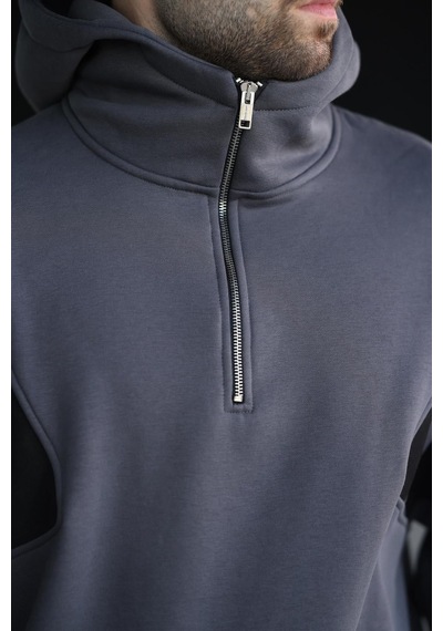 Madmext Füme Fermuarlı Yaka Kapüşonlu Erkek Sweatshirt E7161 Füme