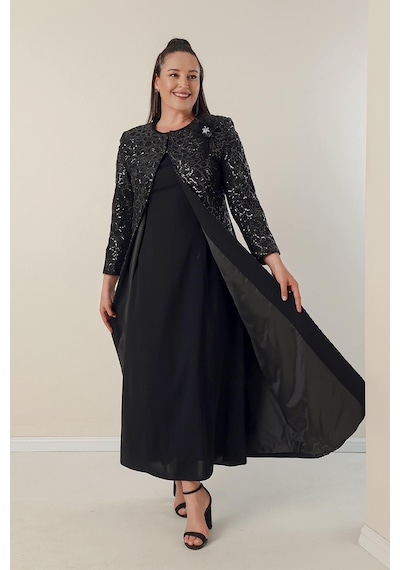 By Saygı Yarım Ay Kollu Uzun Krep Elbise Kolu Ve Önü Pulpayet Kaftan Astarlı Büyük Beden 2'li Takım-34854-siyah Siyah By Saygı Yarım Ay Kollu Uzun Krep Elbise Kolu Ve Önü Pulpayet Kaftan Astarlı Büyük Beden 2'li Takım-34854-siyah Siyah