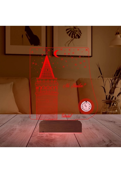 Luvivia İstanbul Galata Kulesi Kişiye Özel Metal Saatli 3d Lamba - Masa Gece Lambası