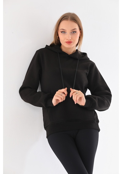 Everest Everst Kapüşonlu 3 İplik Şardonlu Kanguru Cepli Sweatshirt Siyah