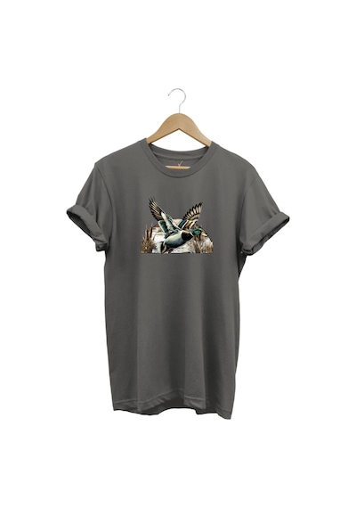 Avcılık Temalı Uçan Ördek Baskılı %100 Pamuk Unisex Regular Fit T-shirt Gri