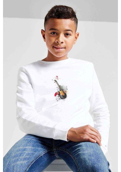 Tshirthane Gitar Art Baskılı Unisex Çocuk Beyaz Sweatshirt