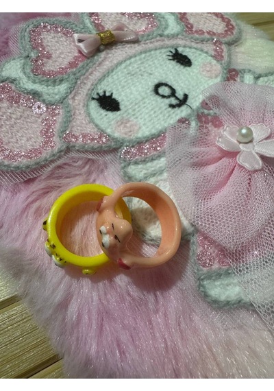 2'li Sevimli Karikatür Çocuk Yüzük Seti Pembe & Sarı Reçine Sabit Ölçülü Yüzük Gümüş - Gri