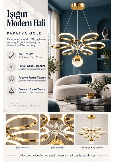 Papatya Büyük Modern Ledli Avize 3 Renk Power Ledli Gold Kaplama Yatak Odası Salon Mutfak