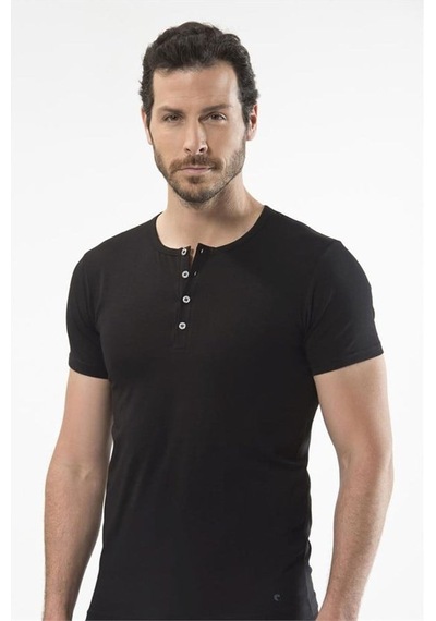Cacharel 1308 Düğmeli Kısa Kollu Erkek T-shirt - Siyah Siyah