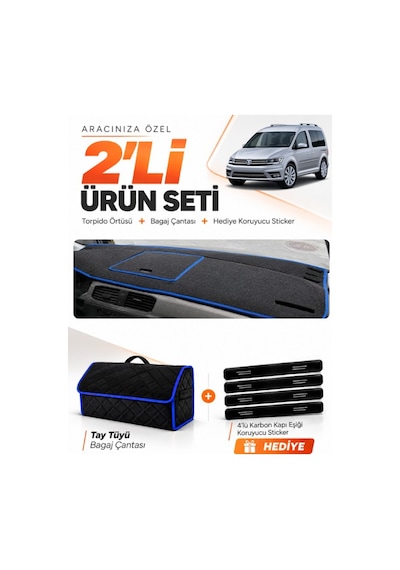 E-biz Volkswagen Caddy 2015-2021 Uyumlu Torpido Örtüsü + Tay Tüyü Çanta - Siyah-mavi - Vw003